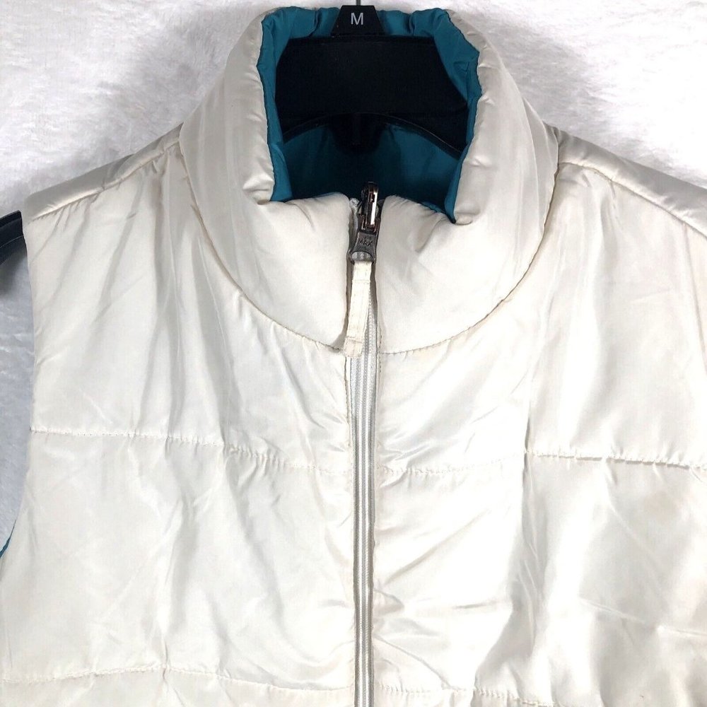 Merona Womens Size Large Reversible Puffer Vest Cream Teal Full Zip Pockets Cute - Picture 10 of 12